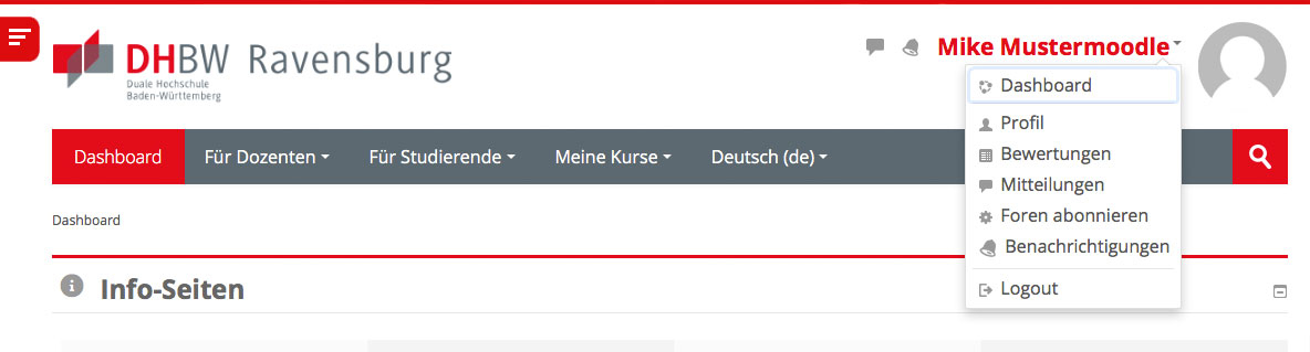 Moodle DHBW Ravensburg Dashboard Profilmenue