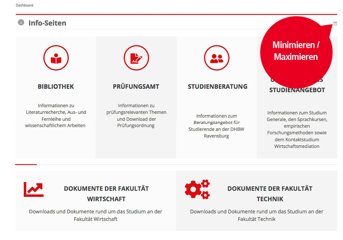 Moodle DHBW Ravensburg Dashboard mit Infoseiten