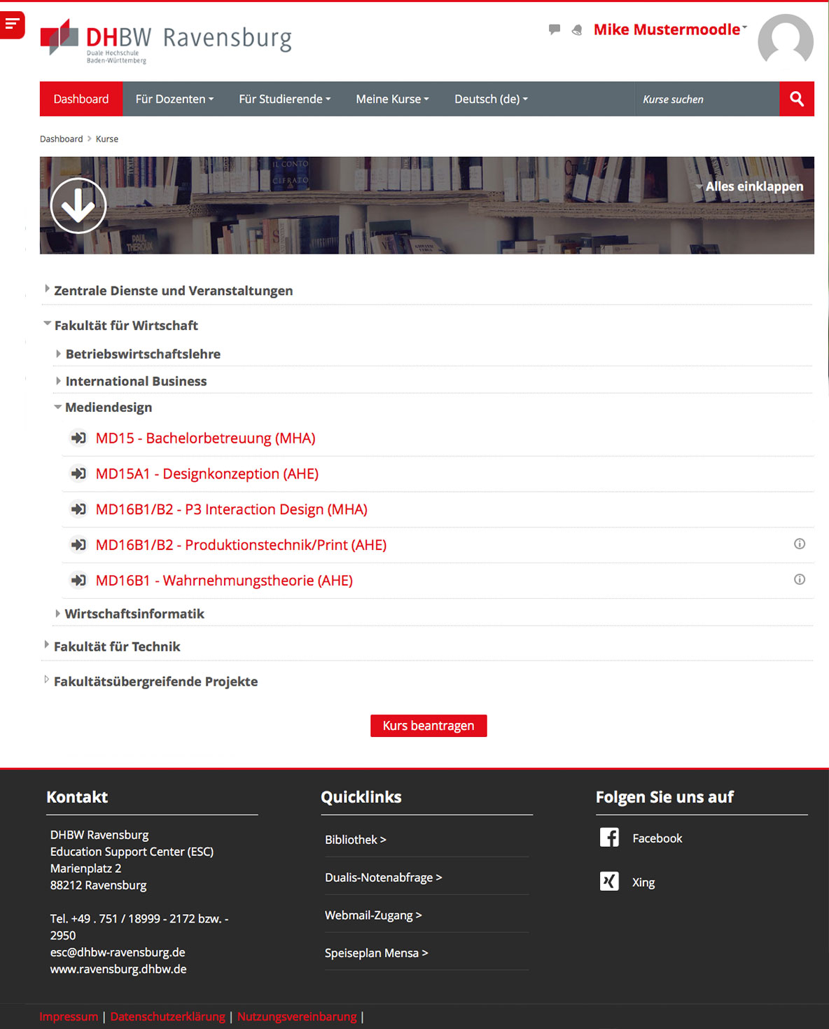 Moodle DHBW Ravensburg Dashboard Kursbereichsuebersicht