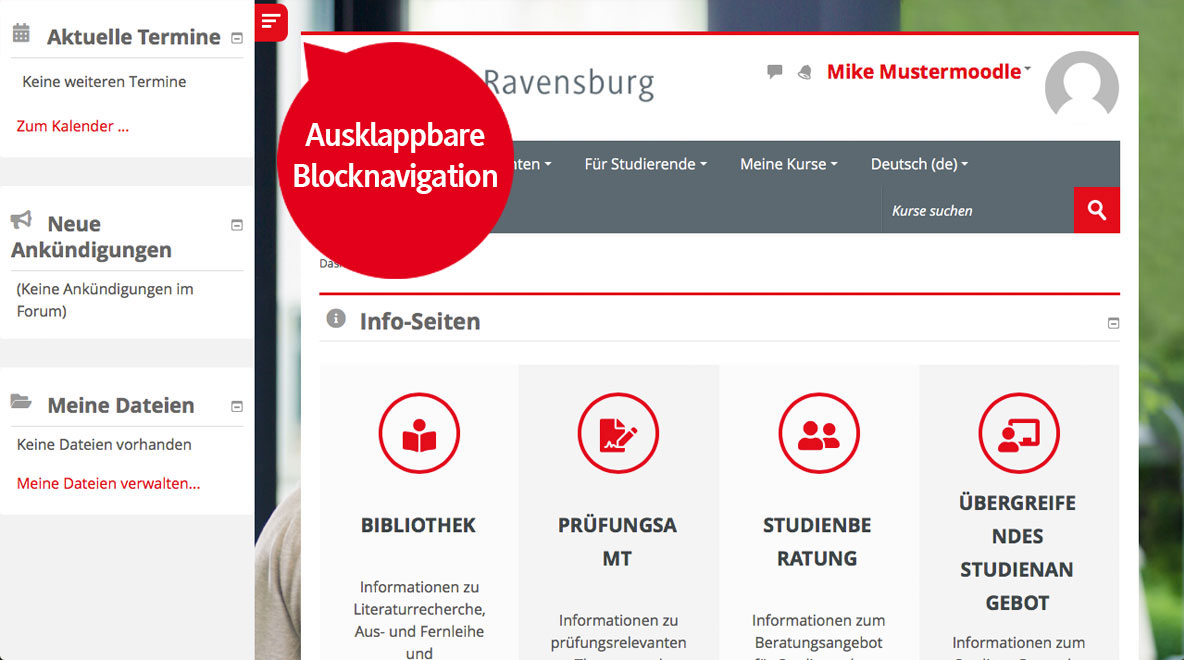 Moodle DHBW Ravensburg Dashboard Blocknavigation