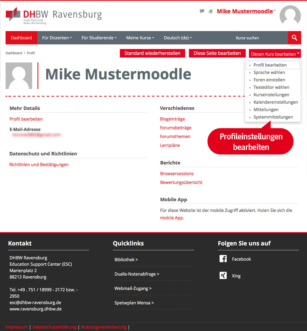Moodle DHBW Ravensburg Dashboard Profilmenue Einstellungen