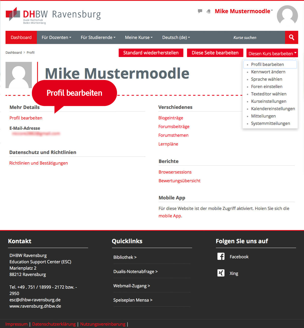 Moodle DHBW Ravensburg Dashboard Profilansicht