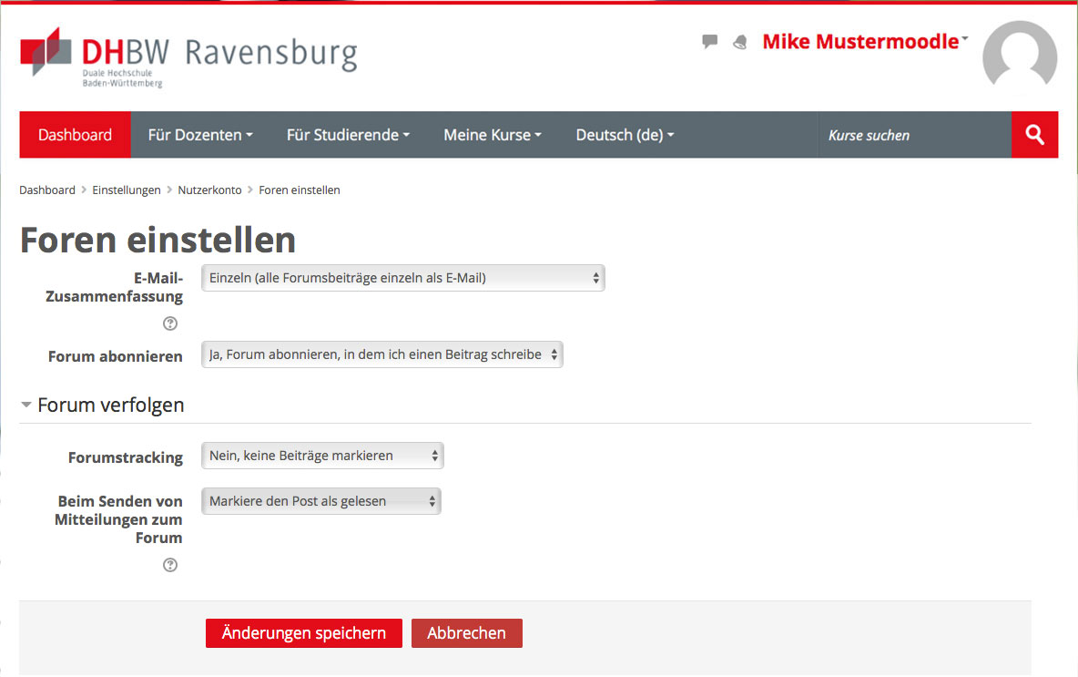 Moodle DHBW Ravensburg Dashboard Profilmenue Foren