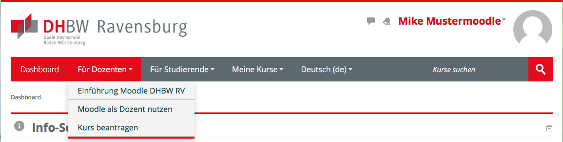 Moodle DHBW Ravensburg Dashboard Dozentenmenue