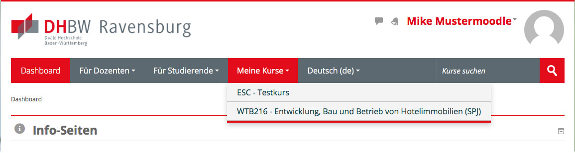 Moodle DHBW Ravensburg Dashboard Kursmenue