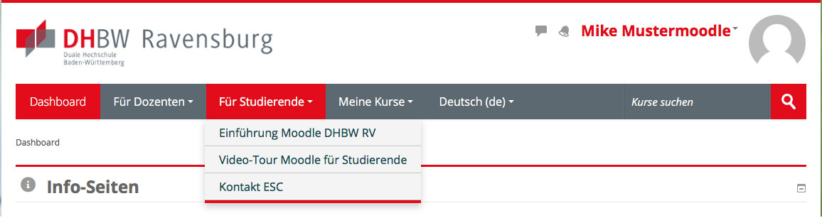 Moodle DHBW Ravensburg Dashboard Studierendenmenue