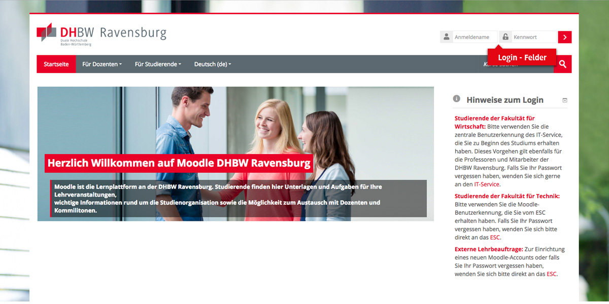 Login auf der Startseite von Moodle DHBW Ravensburg
