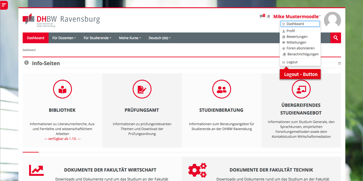 Logout-Button im Profilmenü von Moodle DHBW Ravensburg